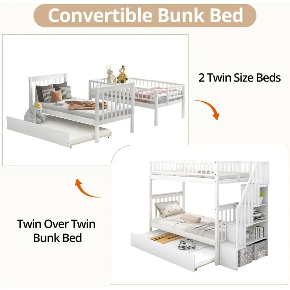 Bunk Beds Twin Over Twin Bunk Bed with Twin Trundle & Staircases, Wood Bunk Bed Frame with Safety Rails,  Kid Bed 2