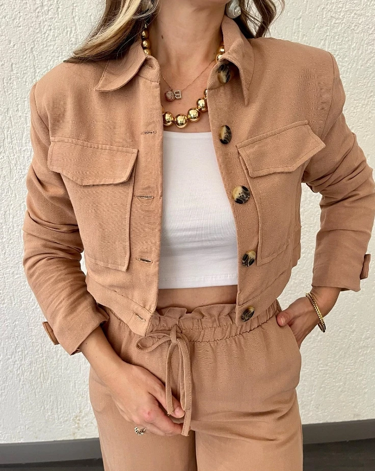 2023 Autumn Casual Daily Temperament Commuting Loose Slim Fashion Lapel Short Shirt Jacket Wide Leg Pants Casual Set for Women