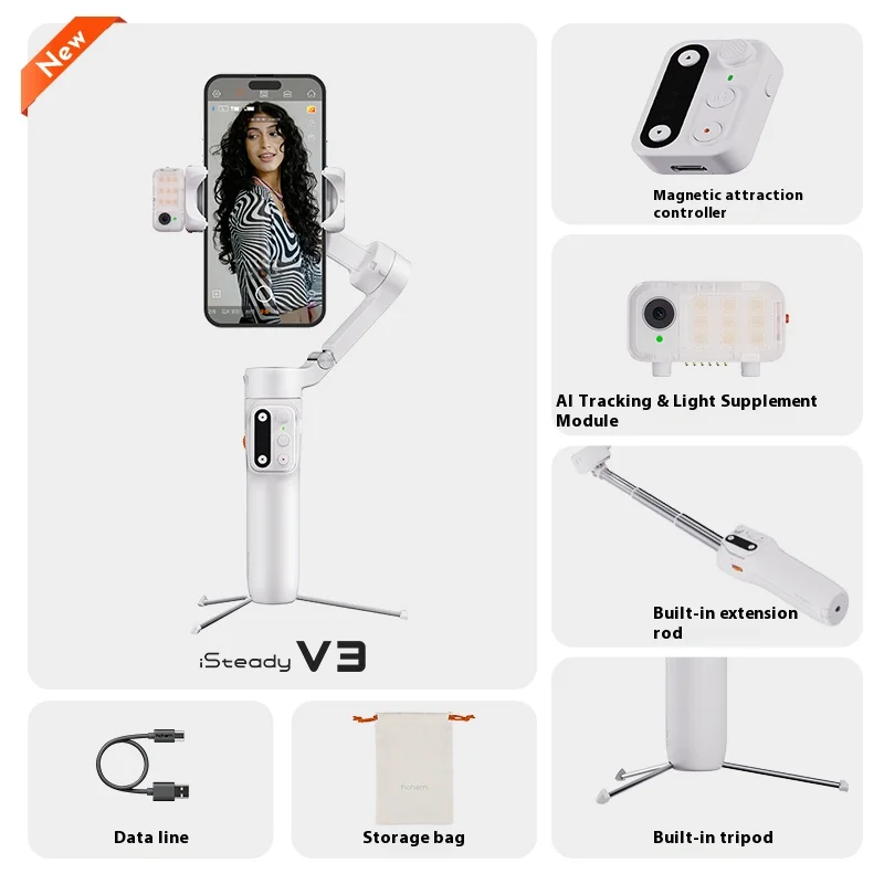 hohem iSteady V3 Smartphone Stabilizer Ai Face Tracking 3-Axis Phone Gimbal Built-in Selfie Stick Portable iPhone15/Samsung