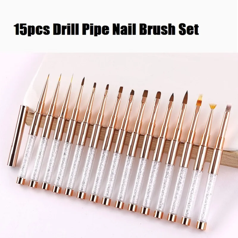 

15pcs Drill Pipe Nail Art Brush Design Tip Flower Painting Drawing Carving Pen UV Gel Gradient Halo Dye Brushes Manicure Tools