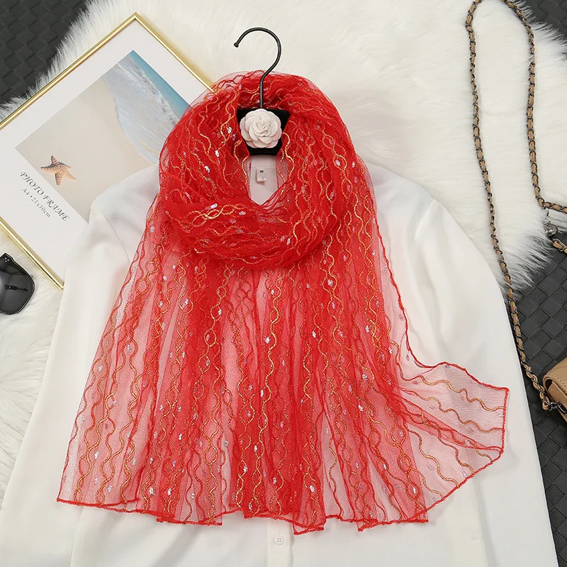 Fashion Organza Gold Silver Silk Transparent Women\'s Scarf Female Sun Clothing Summer Outdoor Long Beach Bikini Sunscreen Shawl