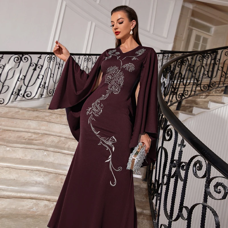 Muslim Abayat Dress for Women, Monochrome, Embroidery, V-Neck, Bat Sleeve, Fashion, Temperament, Wholesale, 2023