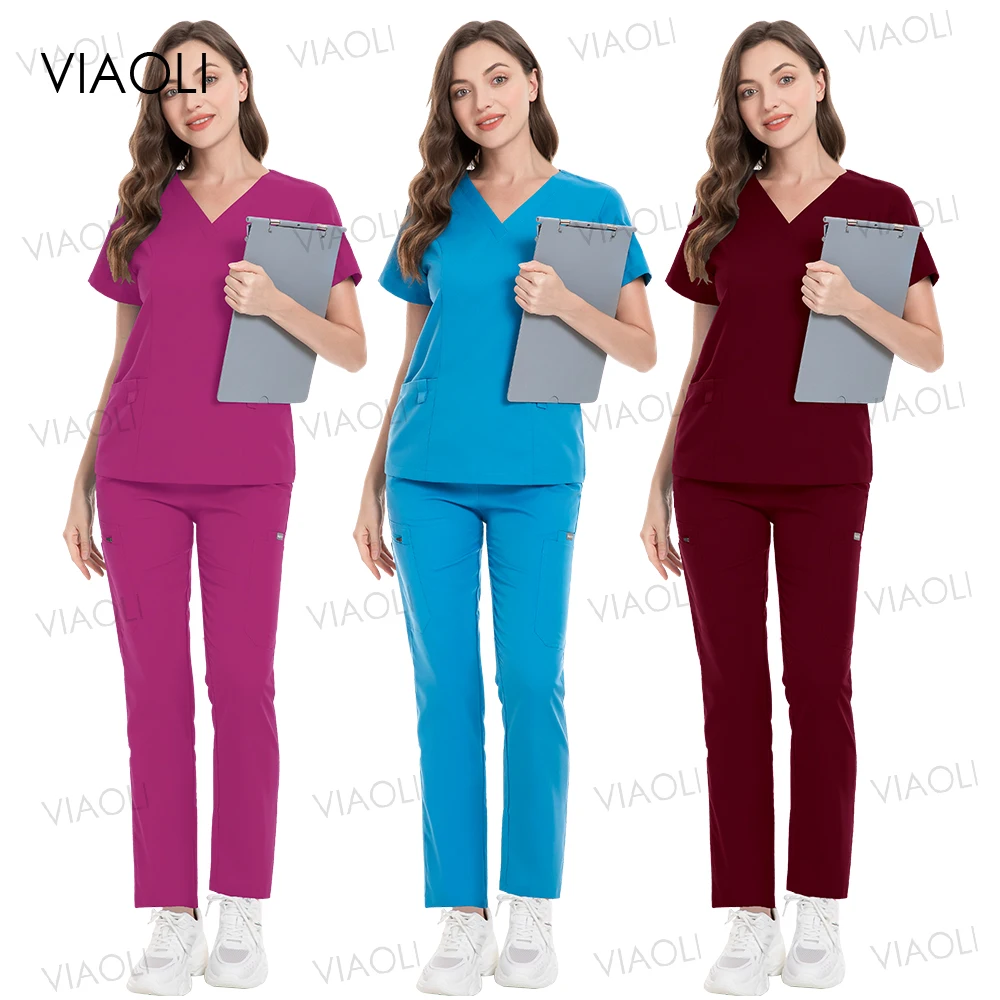 

Medical Nurse Uniform Scrubs Uniforms Veterinary Beautician Suit Work Clothes Women Scrub Top Pants Short Sleeve Pockets Uniform