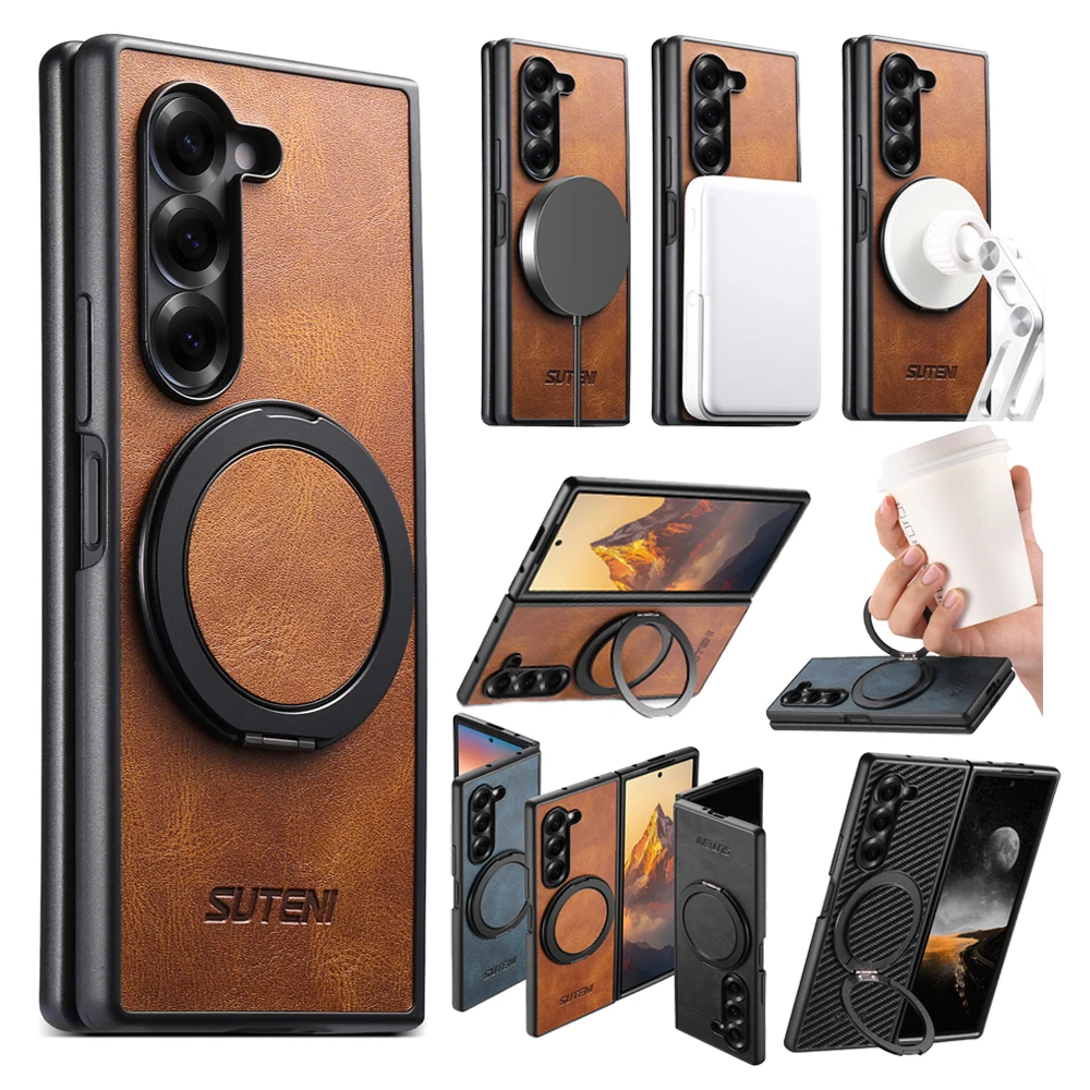 Leather Wallet Phone Case with Ring Bracket & Magnetic Kickstand - Wireless Charging Compatible