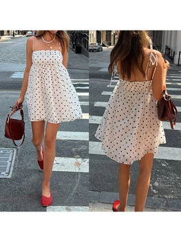 Women s Polka Dot Print Sleeveless Tie Strap A-Line Dress with Square Neckline Summer Mini Dress for a Chic Look 3