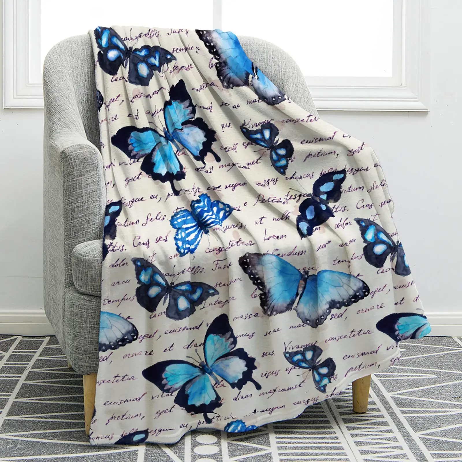 

Blue Butterfly Blanket Throw Blanket Warm Soft Cozy Luxury Lightweight Flannel Bed Blanket, Sofa Couch Camping Travel All Season