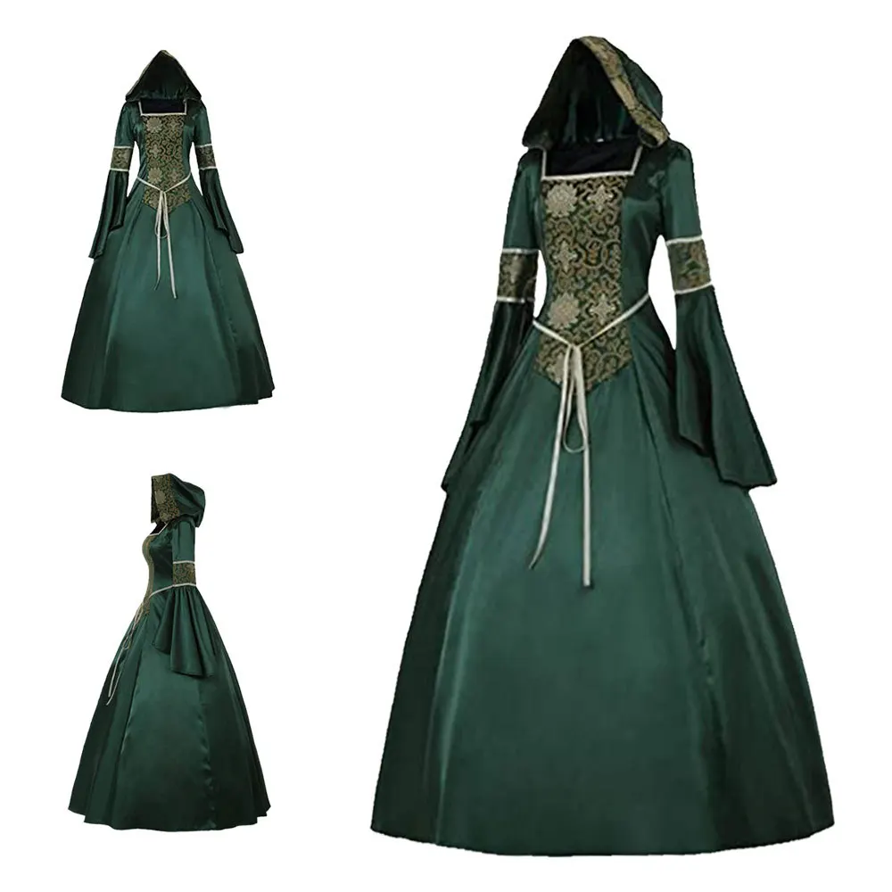 

Women's Medieval Steampunk Vintage Celtic Long Sleeve Dress Floor Length Renaissance Gothic Cosplay Halloween Costume Hoddies