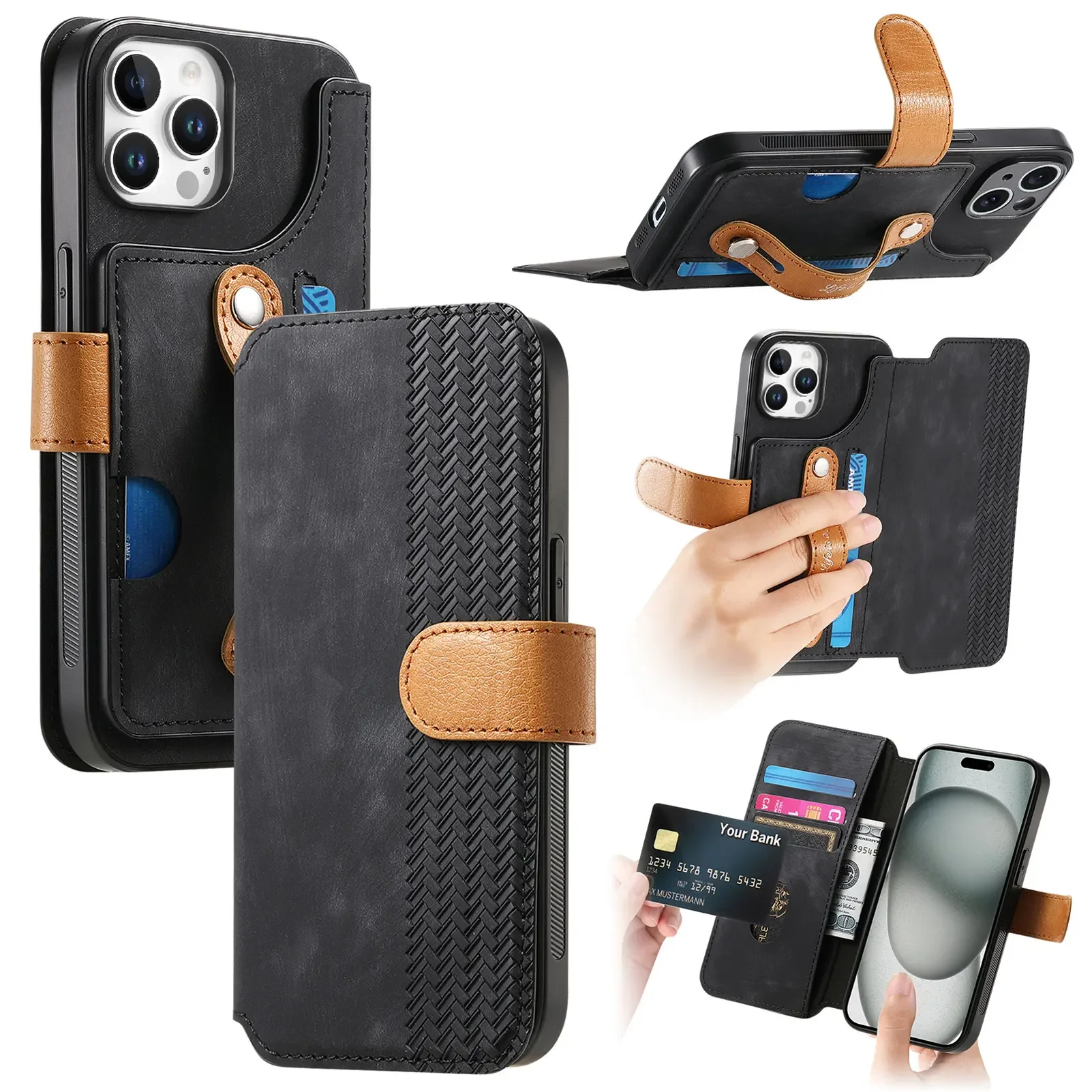 Wristband Flip Leather Wallet Case with RFID Protection and Stand Feature