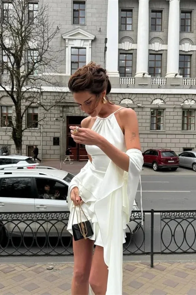 Elegant White Satin Ruffles Short Dress Chic Slip Backless Shawl Silk Bandage Mini Dresses Evening Birthday New Summer 2026