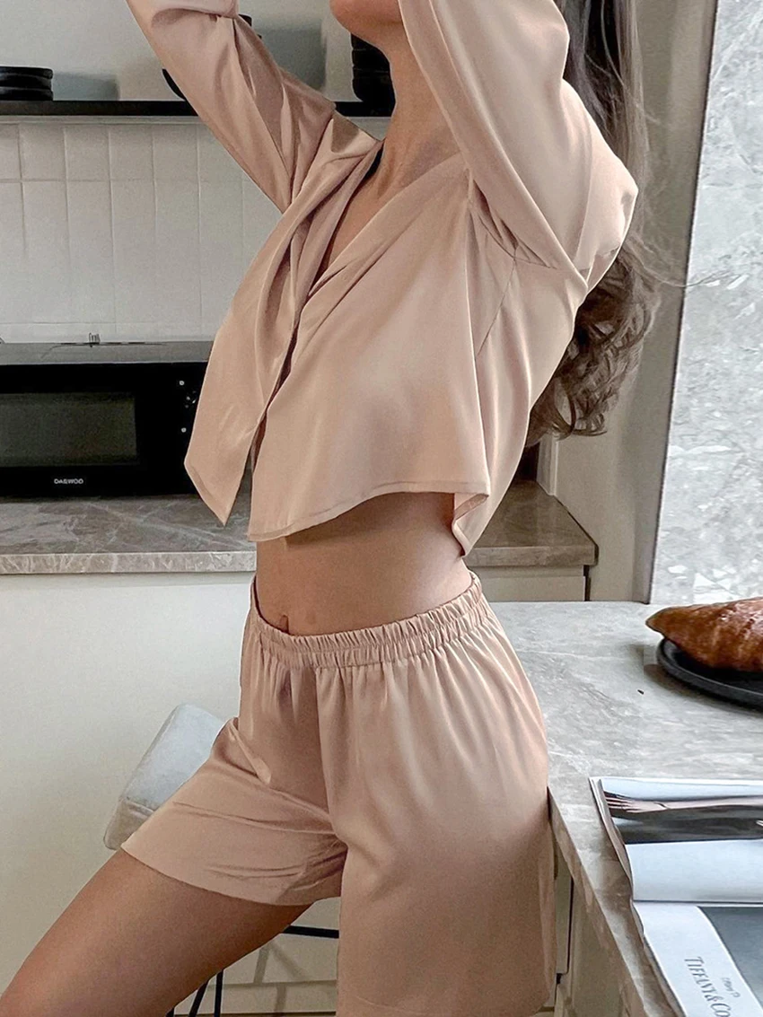 Marthaqiqi Fashion Women'S Nightwear Suit Long Sleeve Sleepwear Sexy Turn-Down Collar Pajamas Shorts Female Nightie 2 Piece Set