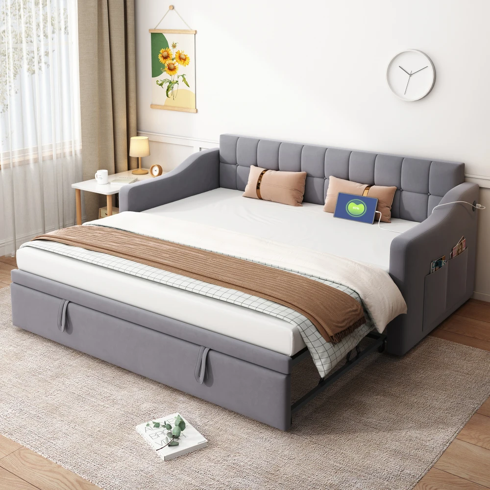 Gepolstertes Bett, Schlafsofa, Multifunktions-Schlafsofa, 90 x 180 x 190 cm, hellgraues, mit Samt gepolstertes Bett mit Steckdose und Aufbewahrungstasche – Detail 21