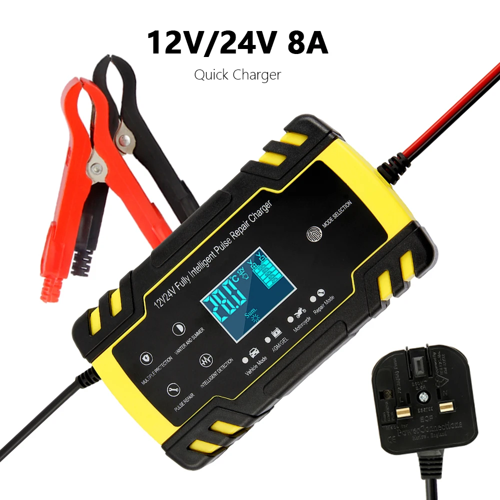 

Car Battery Charger 12/24V 8A Touch Screen Pulse Repair LCD Battery Charger For Car Motorcycle Lead Acid Battery UK/US plug