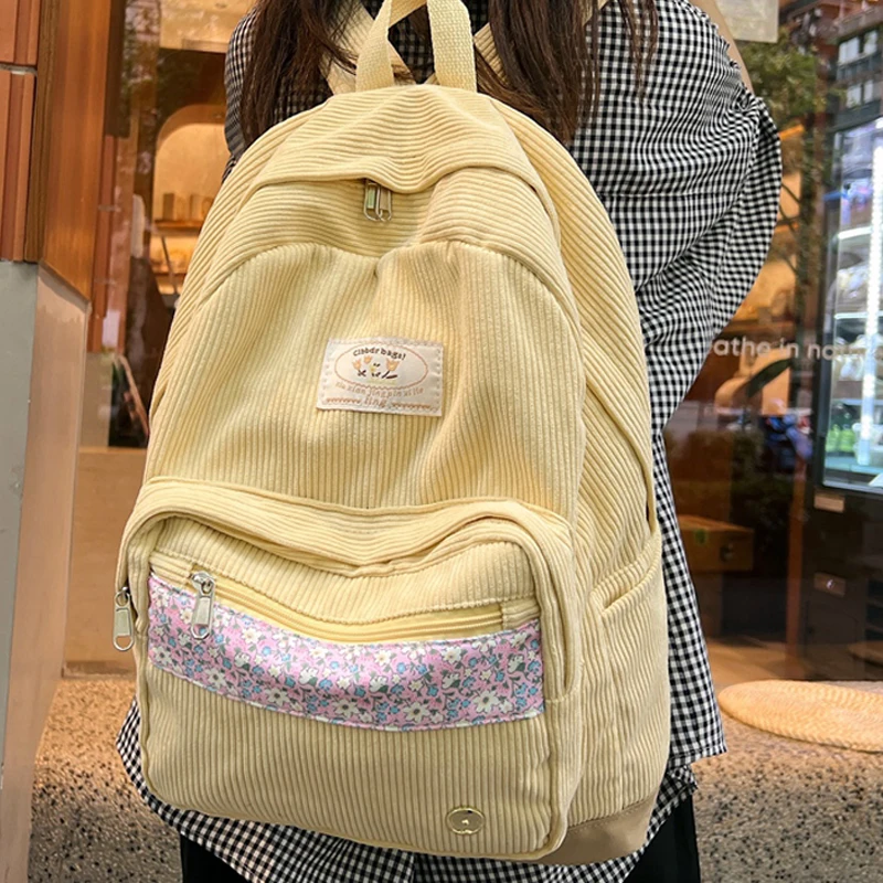 

Stripe Cute Corduroy Woman Backpack Schoolbag For Teenage Girls Boys 2023 Harajuku Female Fashion Bag Student Lady Book Pack