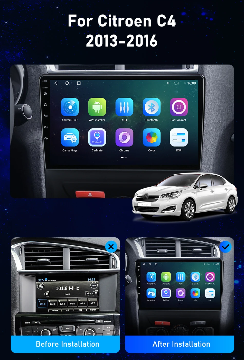 Srnubi 2 Din Autoradio für Citroen C4 2 B7 2013-2016 Multimedia Player Wireless CarPlay Android Auto Navigation DVD Head Unit – Detail 2
