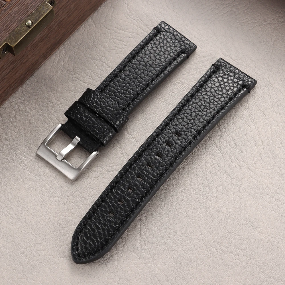 Luxury Lychee Pattern Leather Watch Band - Brown Bracelet with Elegant Stitching