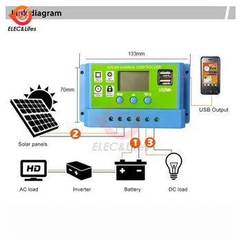11.1V/12V/24V 10A 20A 30A Regolatore solare universale Regolatore di carica solare fotovoltaico con display LCD Doppia porta USB
