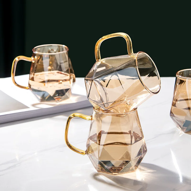 Mugs Champagne Color Hexagonal Glass Creative Personality Juice High Borosilicate Glass Household Water With Handle