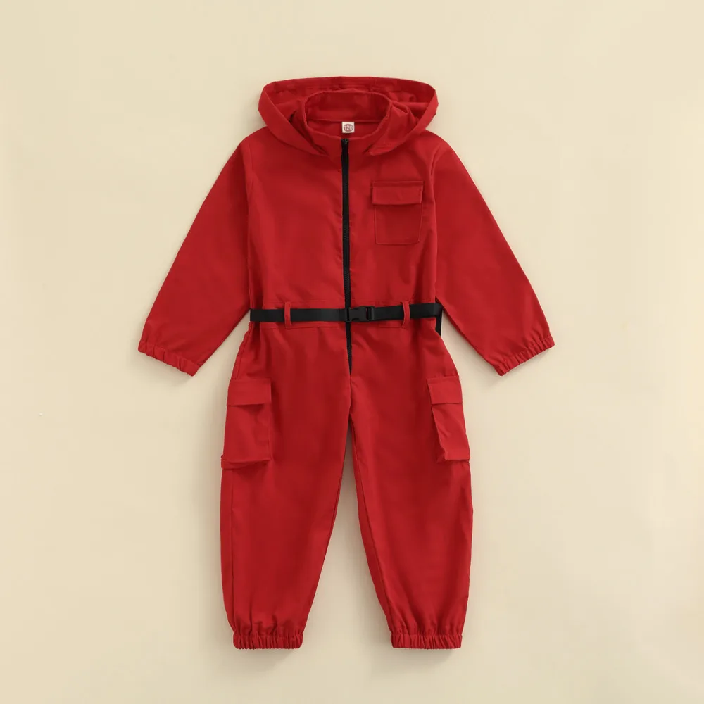 Cosplay jumpsuit kids cosplay costume Unisex Korean Drama Survival Game Cosplay Costume Hooded Jumpsuit + Gloves + Belt 3Pcs Halloween Party Clothes for Kid Boy Girl