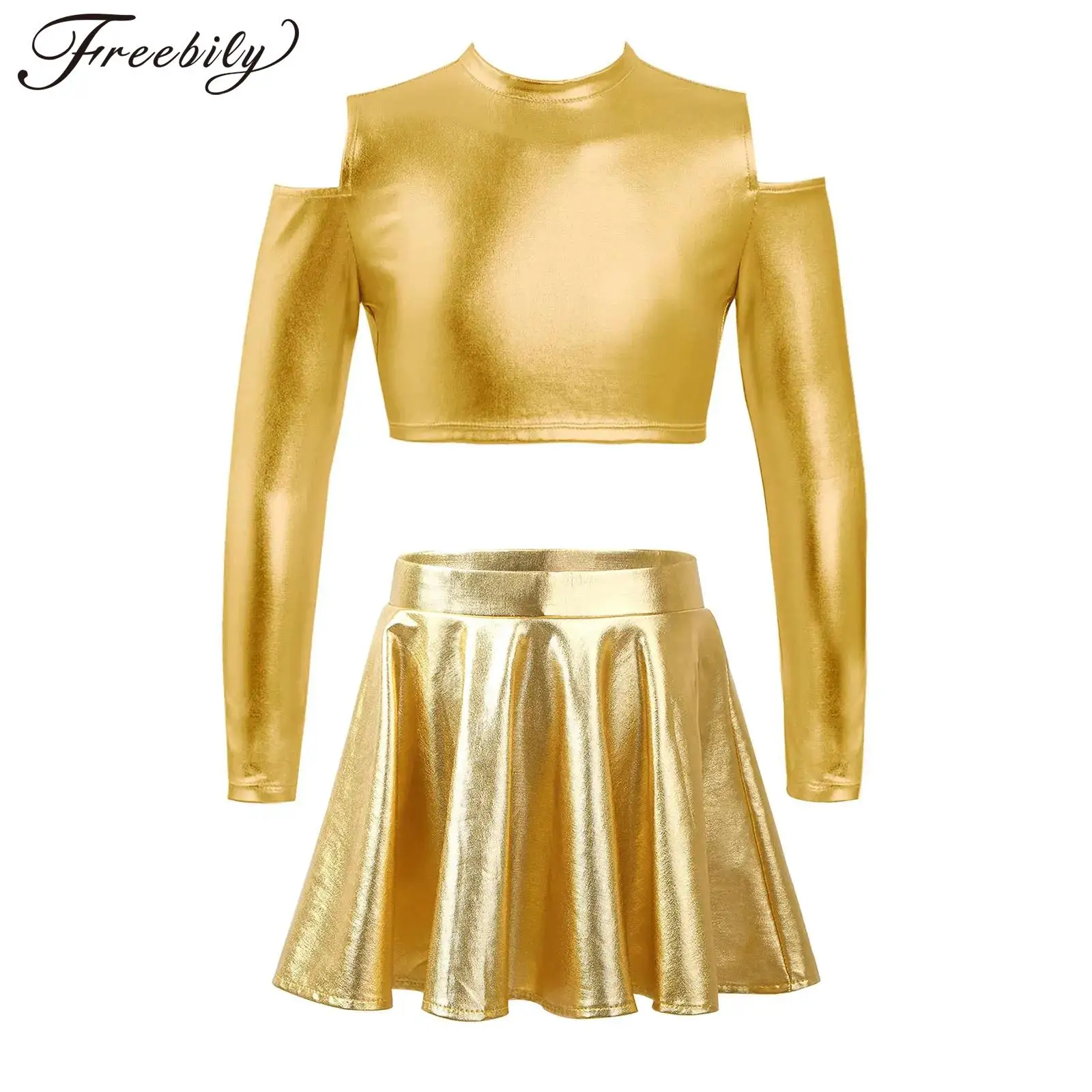 

Kids Girls Hip Hop Jazz Dance Costume Cheerleading Performance Clothes Long Sleeve Off Shoulder Crop Top with Pleated Skirt