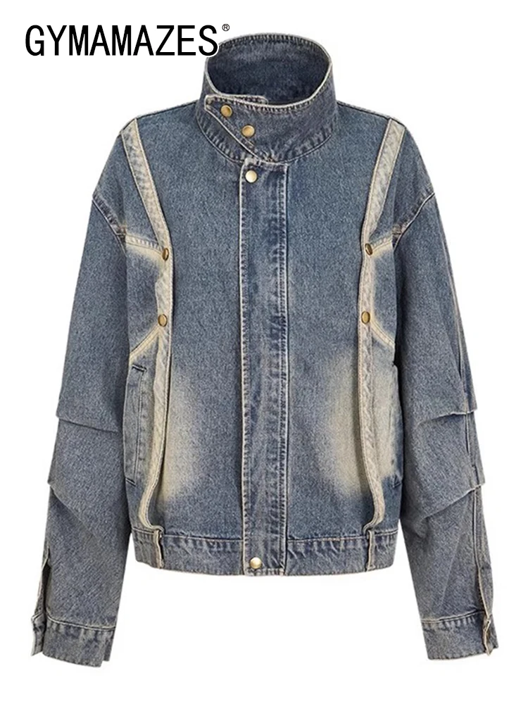 

GYMAMAZES Vintage Chic Denim Coats For Women Lapel Long Sleeve Spliced Button Ruched Streetwear Coat Female Fashion Clothing