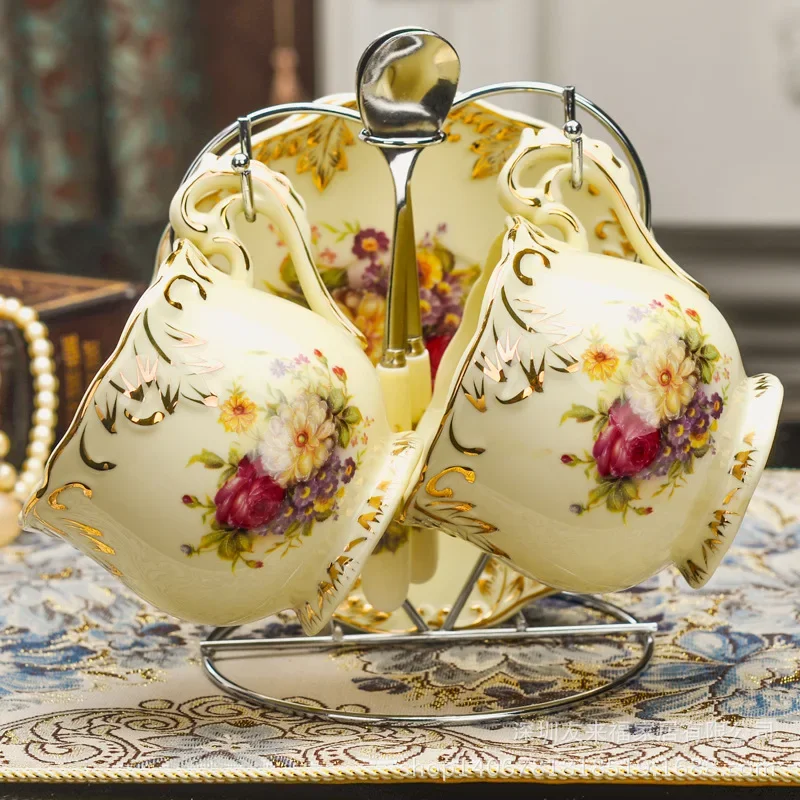 Lvory Porcelain Teacup and Saucer 250ml High-quality Ceramic Coffee Cup Rose Flower Black Tea Cup Set European Style Drinkware