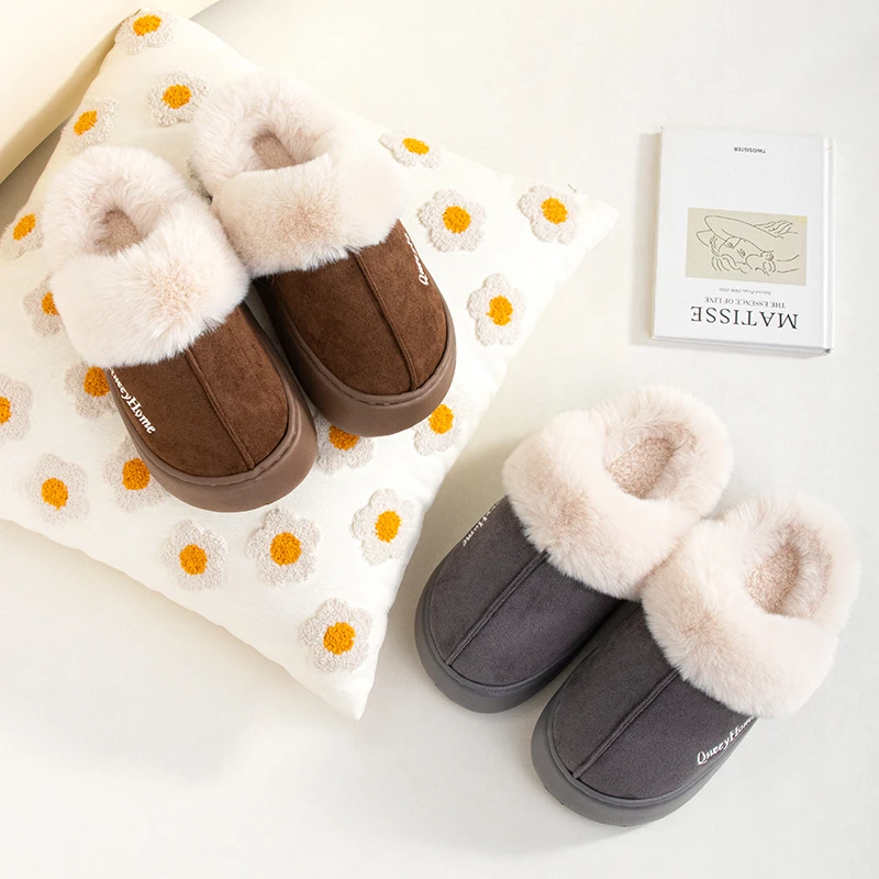 Queeyhome Winter Women Flat-Bottomed Plush Commute Solid Color Versatile Cotton Slippers Warm Cozy Indoor-Outdoor Man Shoes 4