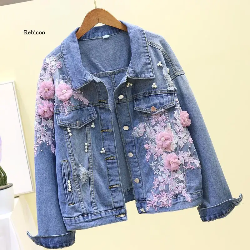 

Spring Autumn Korean Women Jeans Jacket Embroideried 3D Flowers Hole Cowboy Outerwear Causal Women Demin Coat New