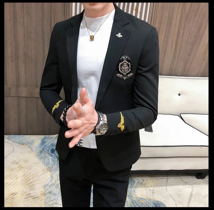 Punk Nightclub Blazer Hombre Men Embroidery Blazer Men Black Gold Badge Jacket Stage Costumes For Singers Male Terno Masculino blazer for men wedding