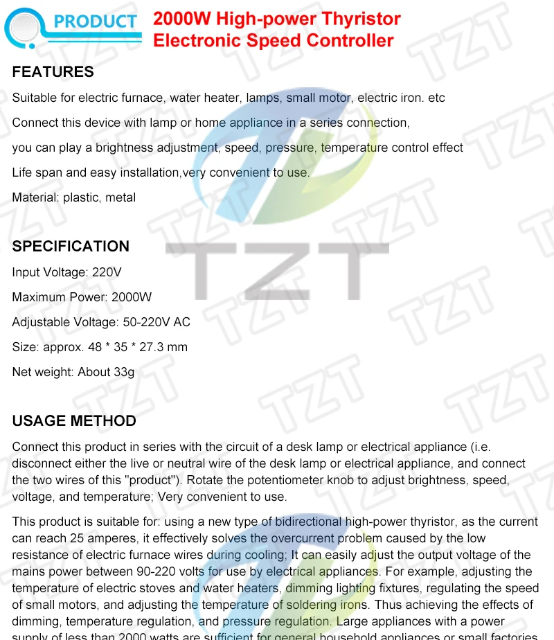 TZT AC 220V 2000W SCR Spannungsregler Dimmen Dimmer Motor Drehzahlregler Thermostat Elektronisches Spannungsreglermodul – Detail 1