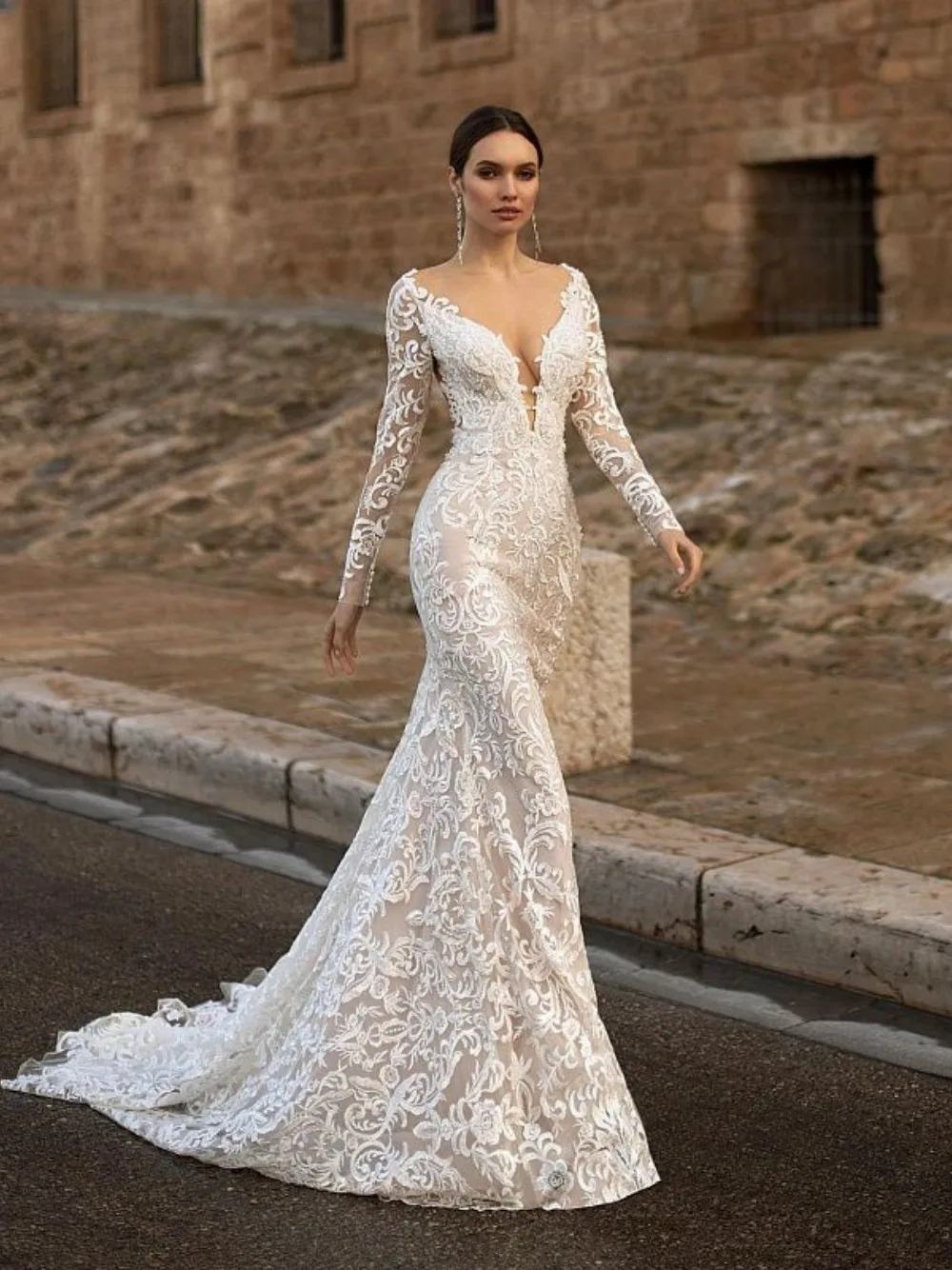 Boho Sheer O-Neck Mermaid Wedding Dress Appliques Open Back Beach Bridal  Gown
