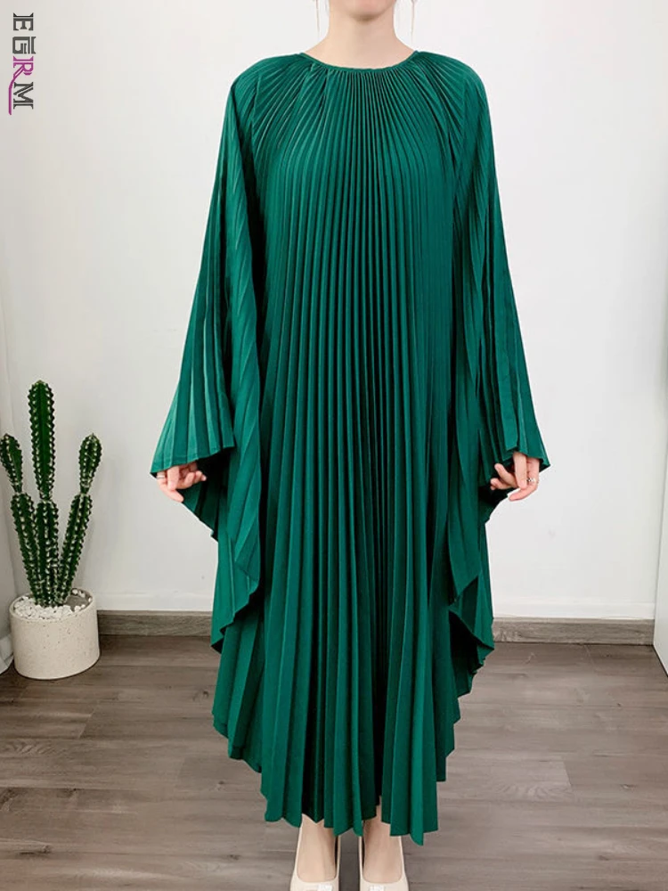 

EGRM Miyake Pleated Batwing Sleeve Dress Solid O-Neck with Belt Irregular Casual Maxi Dresses for Women 2023 New Summer 8GR2915