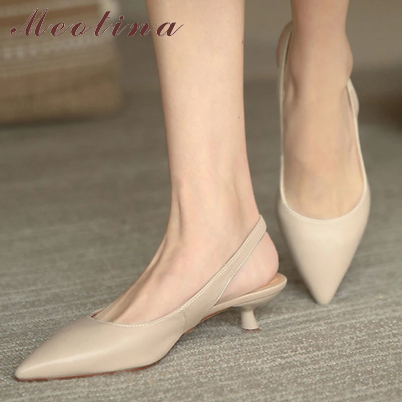 

Meotina Genuine Leather Women Slingbacks Shoes Cow Leather Buckle Thin Heels Pumps Pointed Toe Med Heel Ladies Footwear Spring