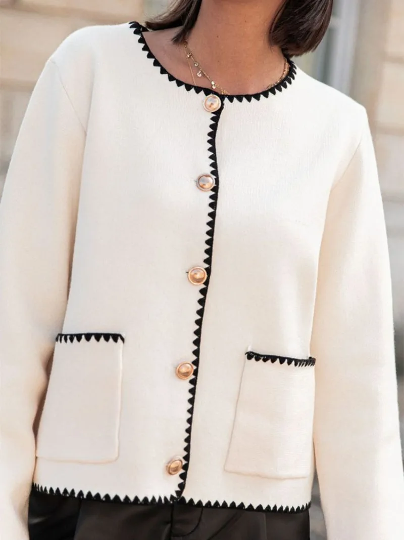 Cárdigan de punto de retazos para mujer, elegante abrigo de otoño para mujer, cuello redondo, manga larga, chaqueta de calle cálida para invierno para mujer, novedad de 2025