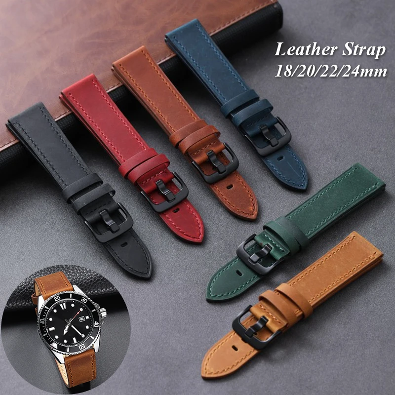 Vintage Leather Watch Strap - Universal Cowhide Watchband for Women & Men in Black, Blue, Brown