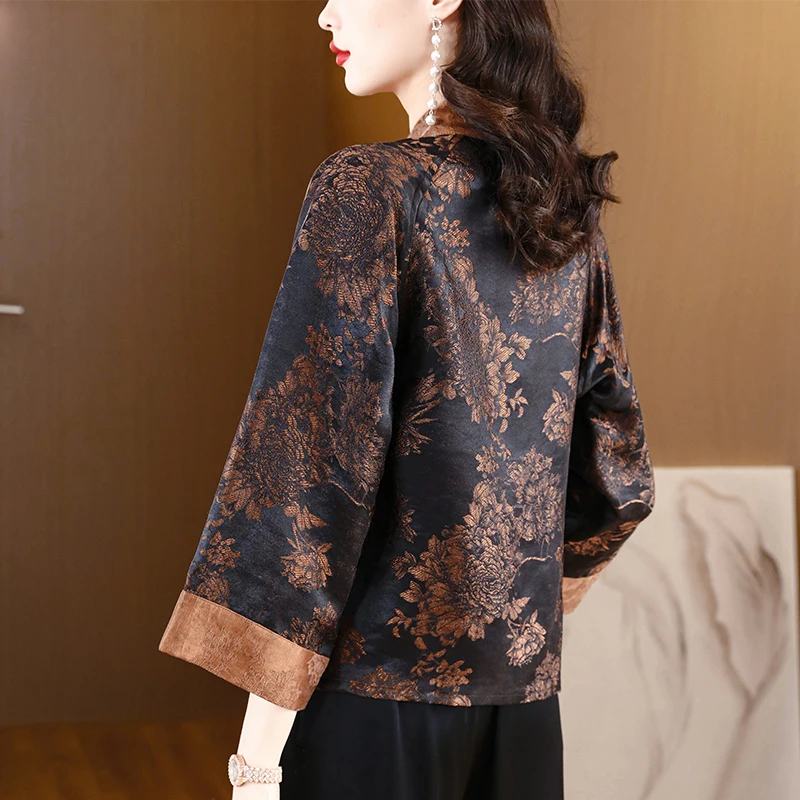 Autumn New Mulberry Silk Fragrant Cloud Yarn Black Big Peony Heavy Forging Double Weaving Craft Jiangnan Bank Lace Up