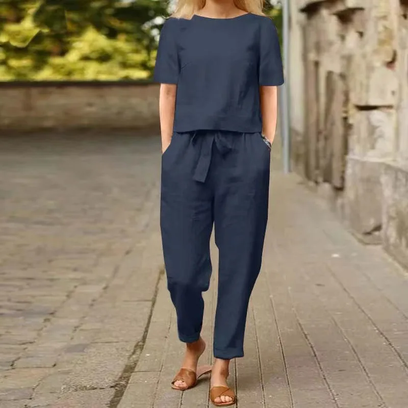 Cross border women's cotton and linen summer matching set half sleeved O-neck oversized cover shirt wide leg pantsretro two-piec 3