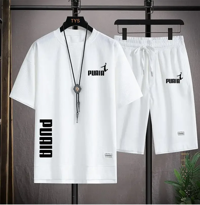 Summer men's fashion sports short-sleeved crew neck T-shirt + five-point shorts set Men jogging 2-piece set M-3XL