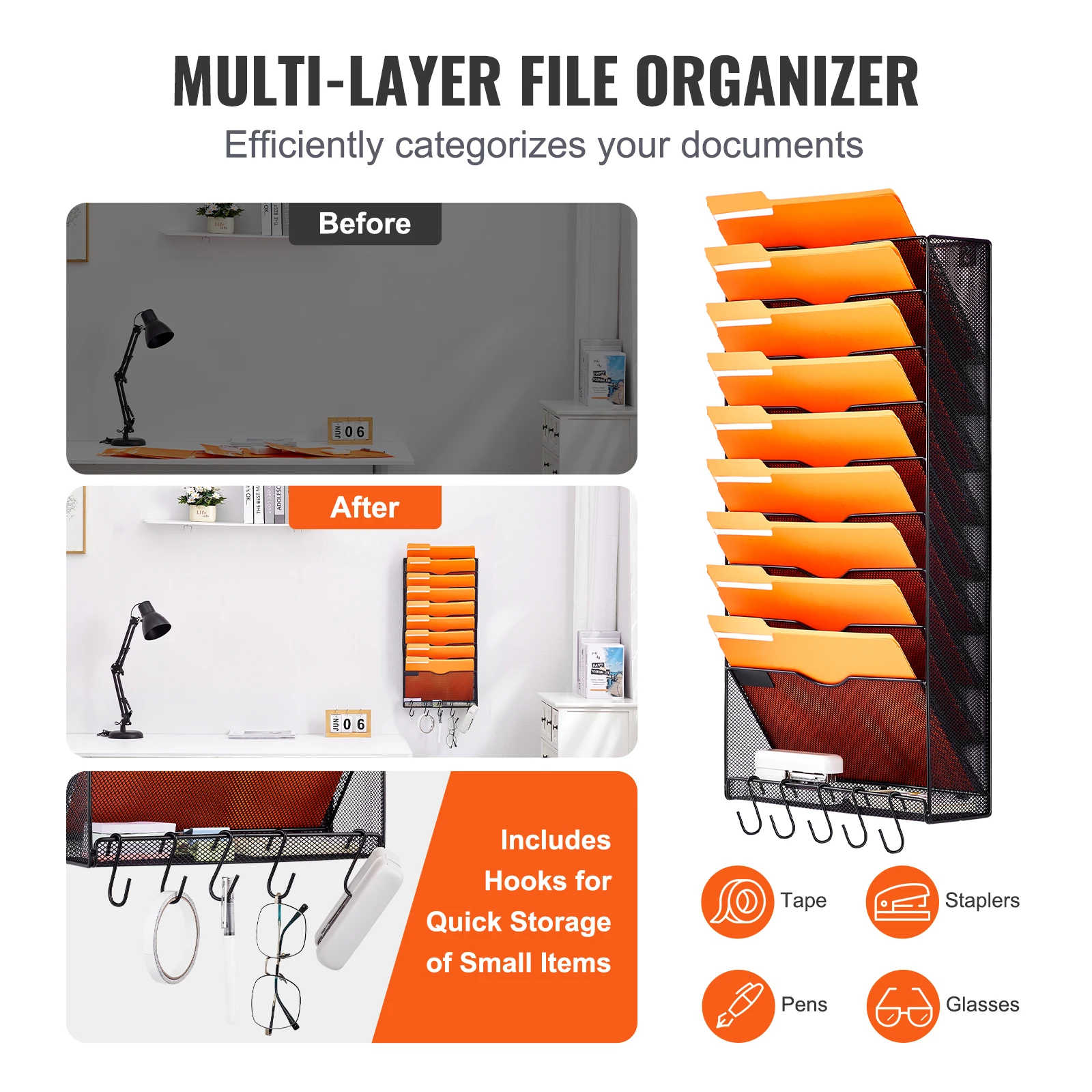 VEVOR One-Piece 10 Pockets Mesh Magazine Mail Paper File&Document Storage Wall Rack with Nametag Label for Office Home&School