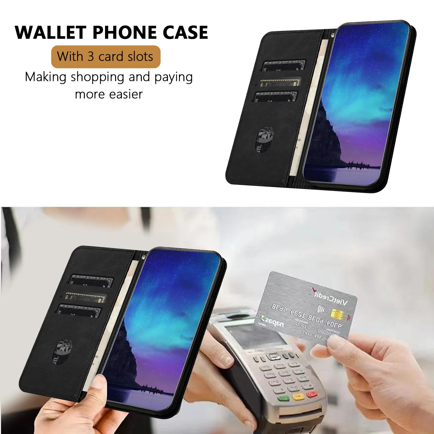 Magnetic Leather Flip Wallet Case with Card Holder and Stand