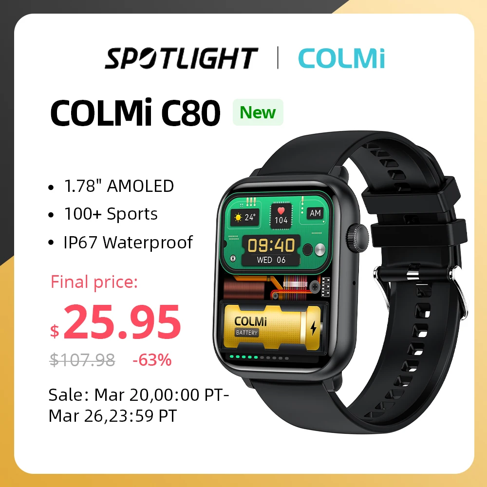 COLMI C80 Smartwatch 1.78'' AMOLED Screen 100 Sports Modes 7 Day Battery Life Support Always On Display Smart Watch Men Women - 200 лучших товаров с Али