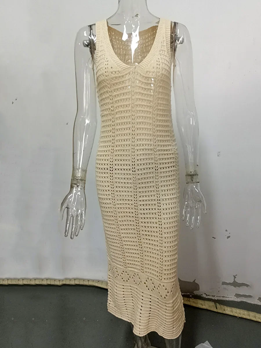 S - XL 2025 V Neck Hollow Out Crochet Knitted Tunic Beach Cover Up Long Cover-ups Beach Dress Beach Wear Beachwear Female Women 6