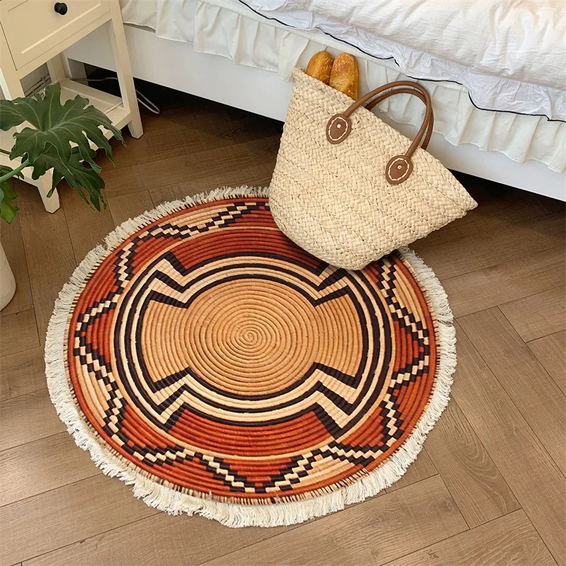 Cotton Linen Round Carpet Ethnic Printed Tassel Rugs Retro Bedroom Area Rugs for Living Room Floor Mat Macrame Carpets 3