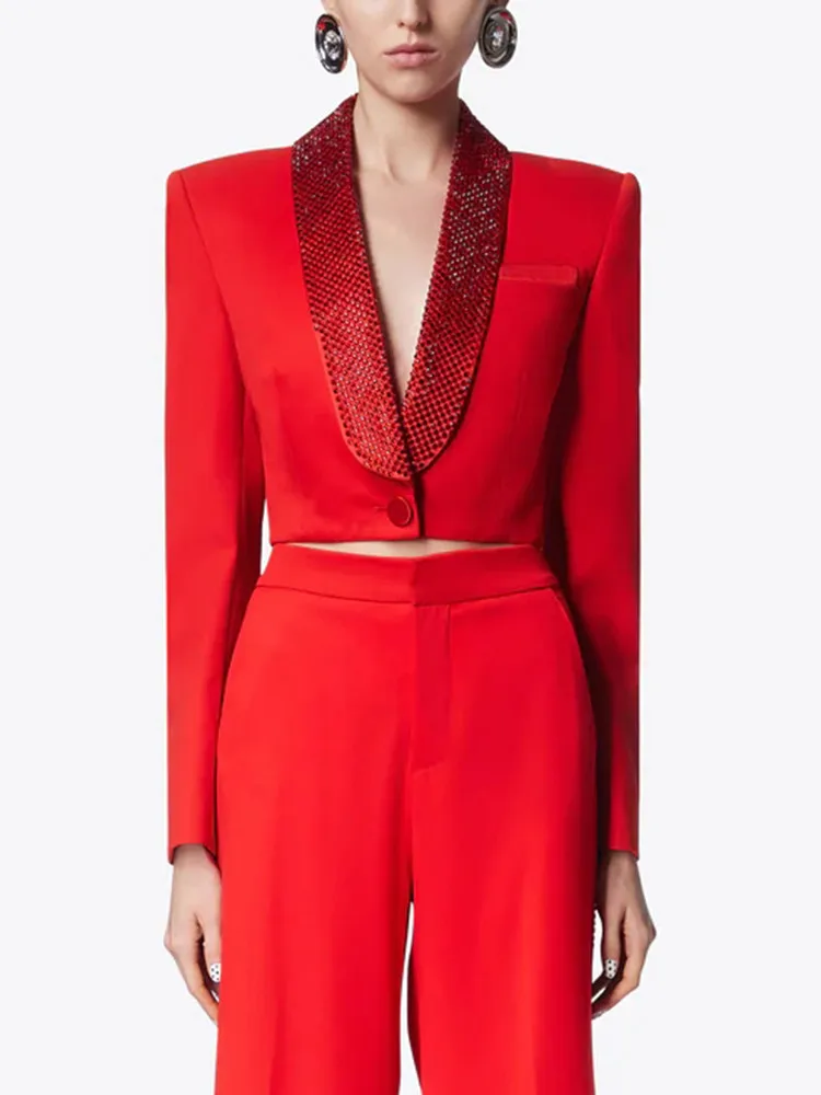 KBQ Hollow Out Patchwork Diamonds Blazers For Women Notched Collar Long Sleeve Backless Spliced Button Temperament Blazer Female