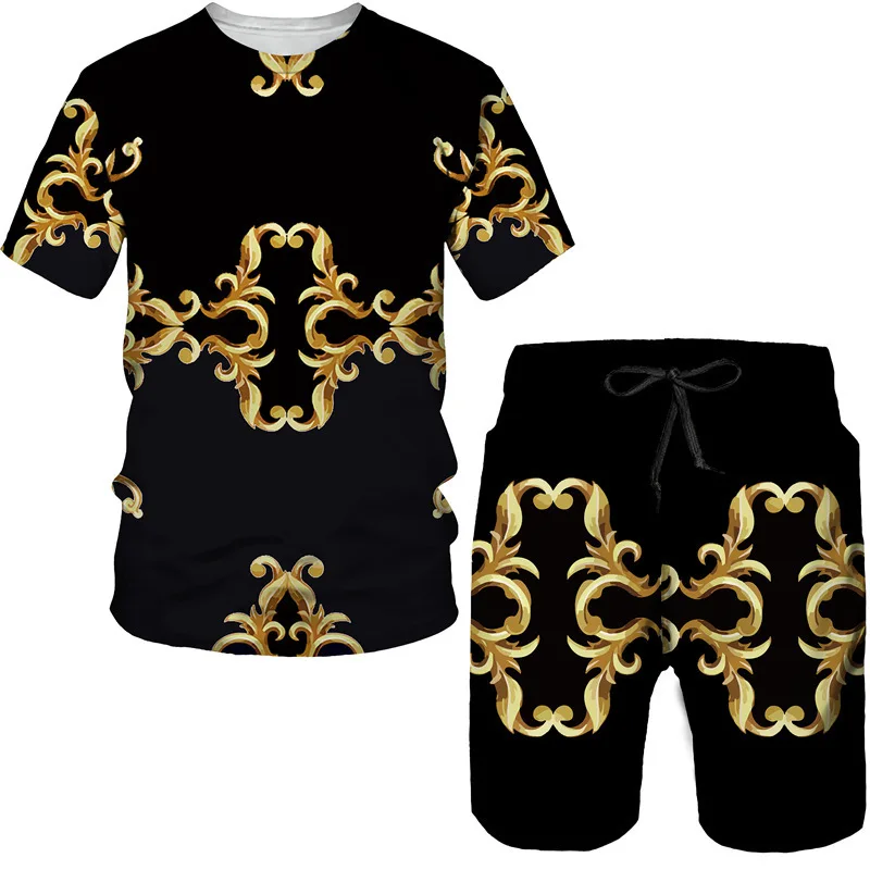 thumbnail image 1 of Conjunto de camiseta y pantalones cortos de manga corta holgados con cuello redondo y cadena de estilo europeo con estampado 3D nuevo de verano para niños, 1 of 5