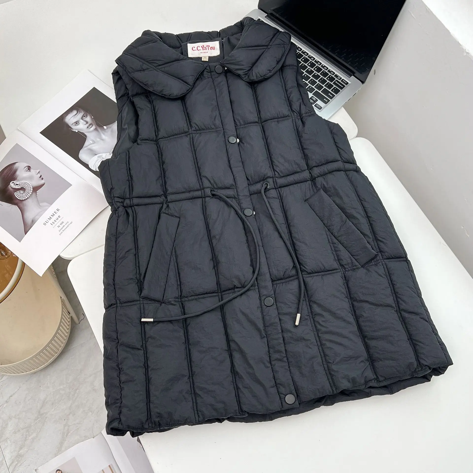 Womens Plus Size Winter Parkas Casual Clothing Fashion Simple Medium Length Sleeveless Jacket Peter Pan Collar Padded Coats