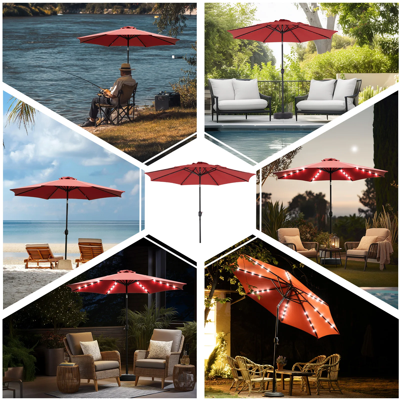 JHK 10FT Solar Patio Umbrella with 32 LED Lights 6