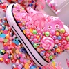Handmade Rhinestones Bling Girls Womens Kids And Mother Candy Canvas Shoes Pearls Sneakers For Girl Birthday Party Wedding 1