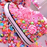 Handmade Rhinestones Bling Girls Womens Kids And Mother Candy Canvas Shoes Pearls Sneakers For Girl Birthday Party Wedding 1