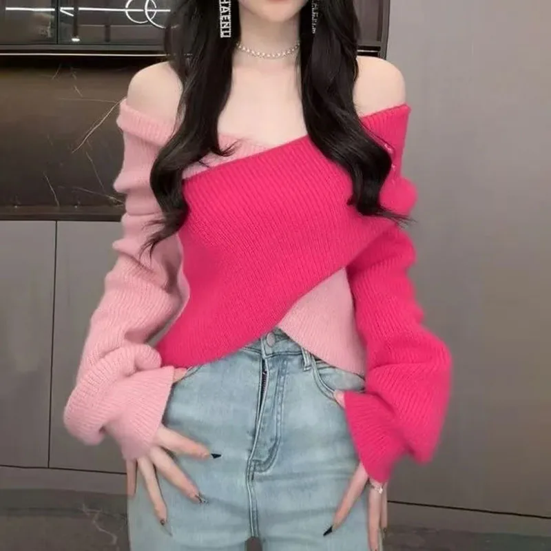 2025 Women Autumn Winter Sweater Korean New Design Elegant Cross V-neck Off Shoulder Knit Thickened Sexy Pullover Sweater 5