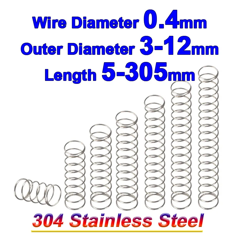 

304 Stainless Steel Compression Spring 0.4mm Micro Small Rotor Return Y-Type Compressed Pressure Spring OD 3-12mm Length 5-305mm